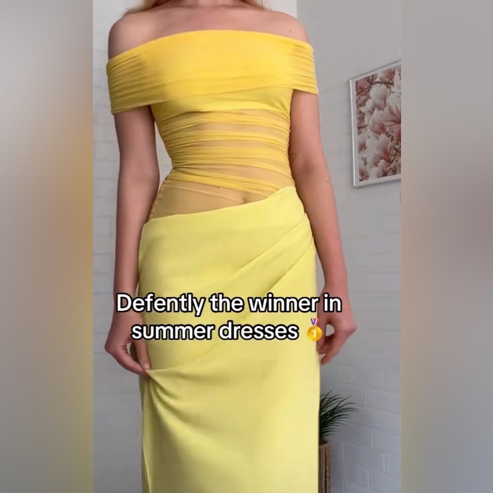 Yellow Off-Shoulder Strapless Ruched Maxi Dress